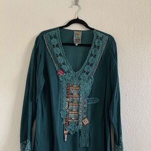 EUC Johnny Was Green Embellished Tunic